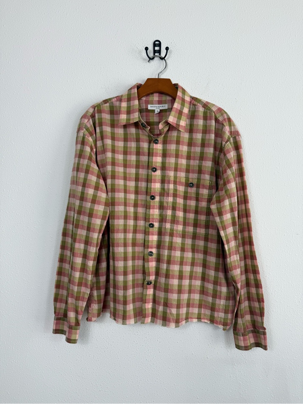 Banana Republic Pink & Olive Green Plaid Button-Down Relaxed Shirt Medium Unisex